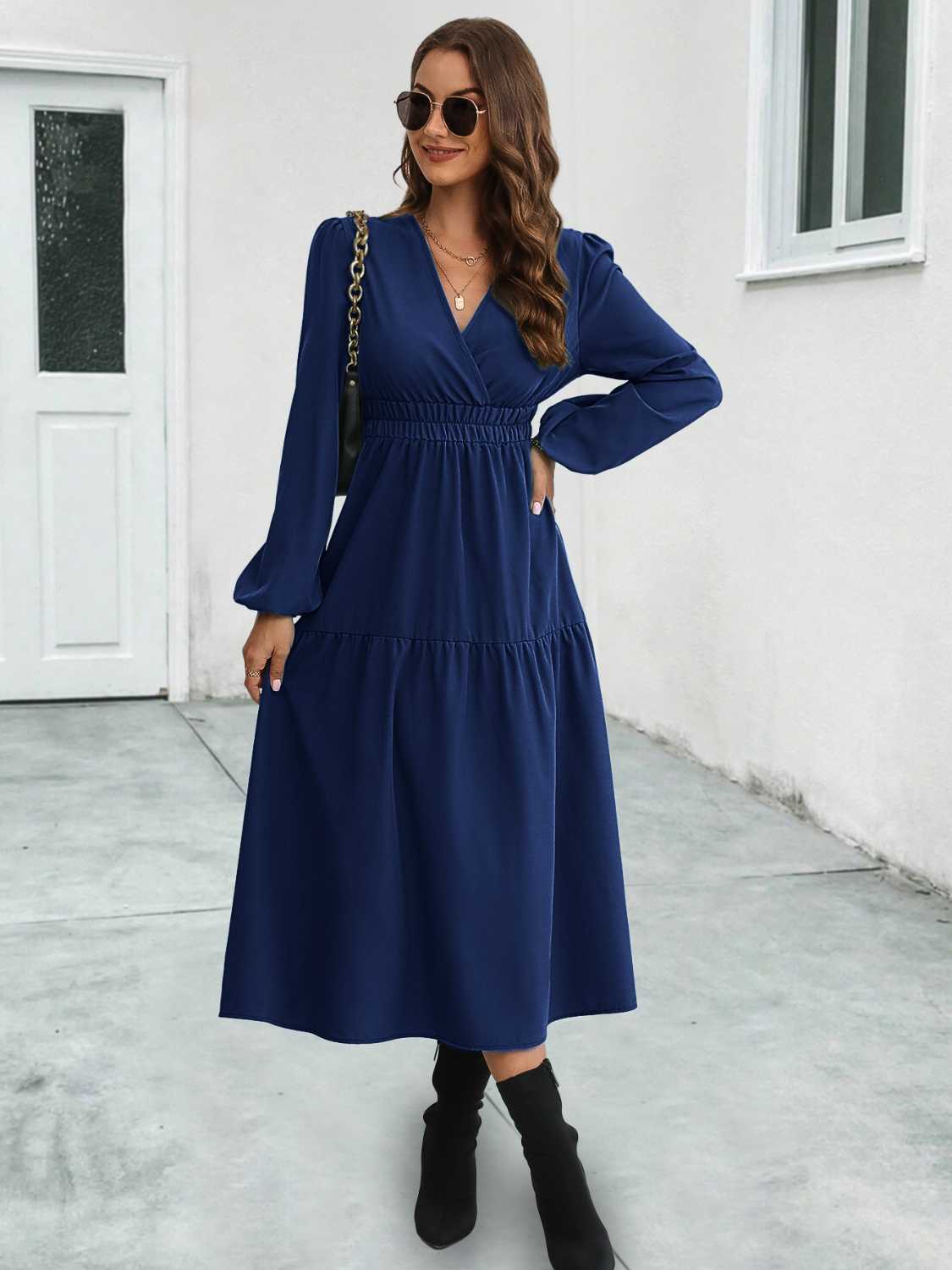 Surplice Neck Midi Flared Dress - Littles Collection