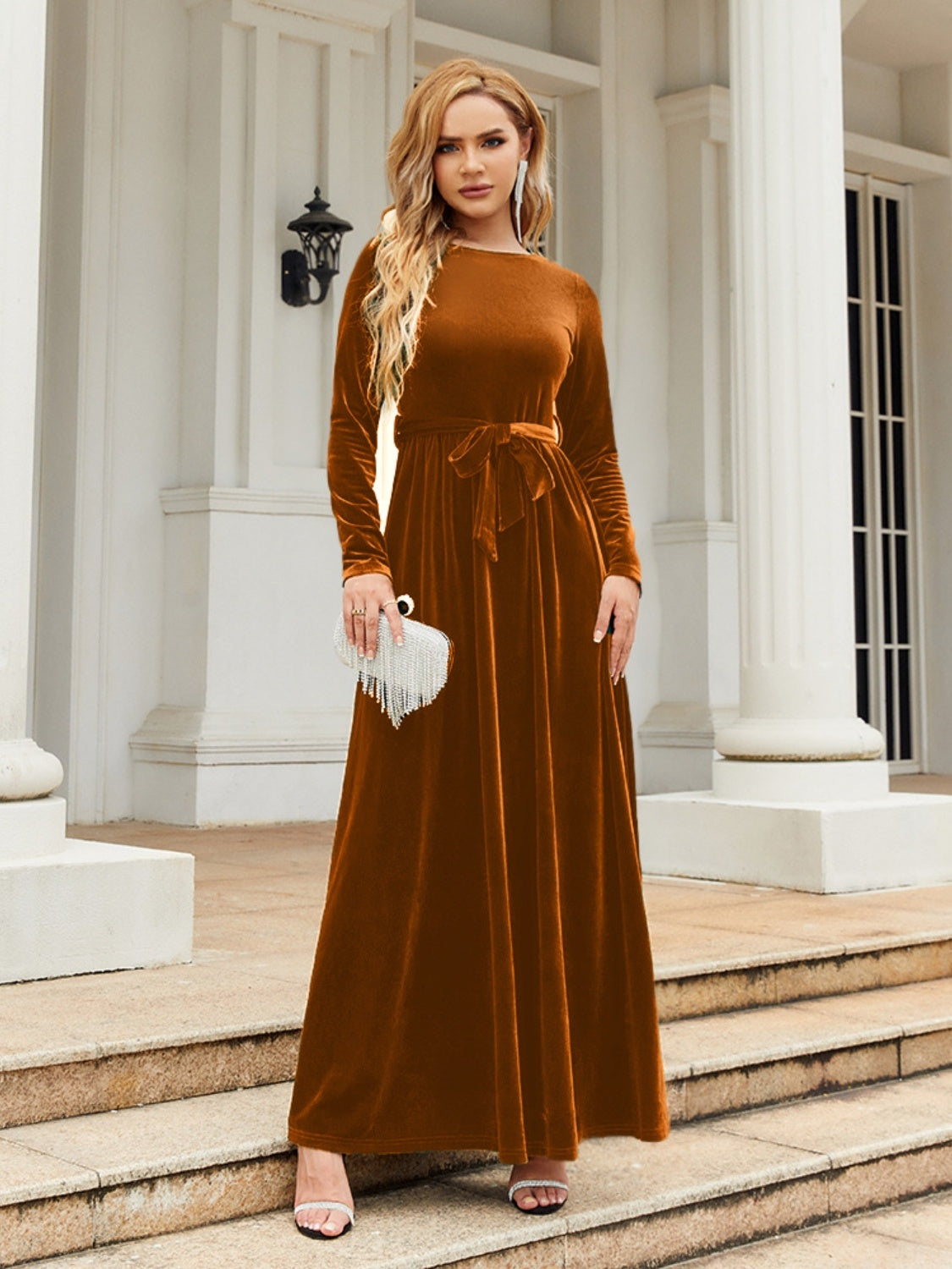 Tie Front Round Neck Velvet Maxi Dress - Littles Collection