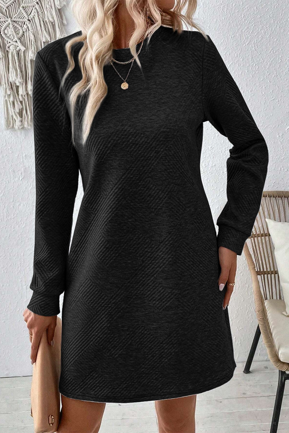 Textured Round Neck Long Sleeve Mini Dress - Littles Collection