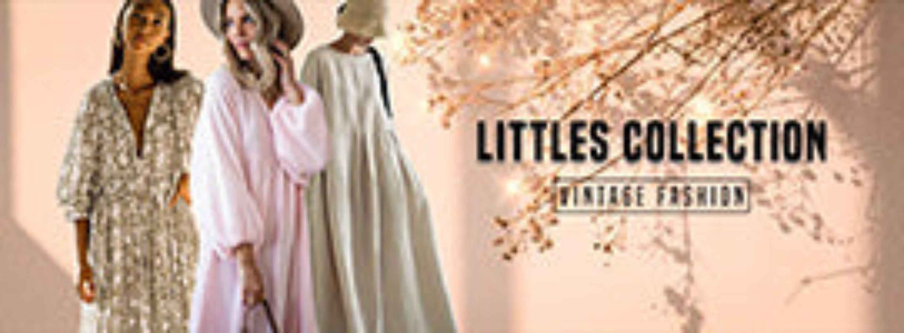 Three women wearing vintage-style clothing with 'Littles Collection' text and floral background.