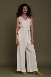 linen hemp flattering wide-leg jumpsuit with a tie-up sash is a chic and comfortable on-trend wardrobe must-have. women_fashion - littlescollection