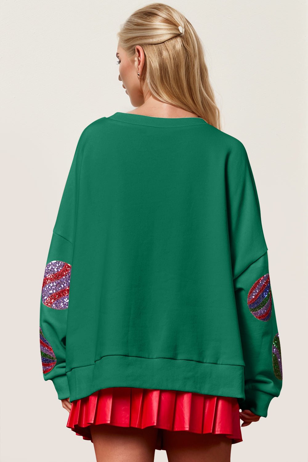Double Take Cotton Christmas Element Sequin Round Neck Long Sleeve Sweatshirt Features: Sequin