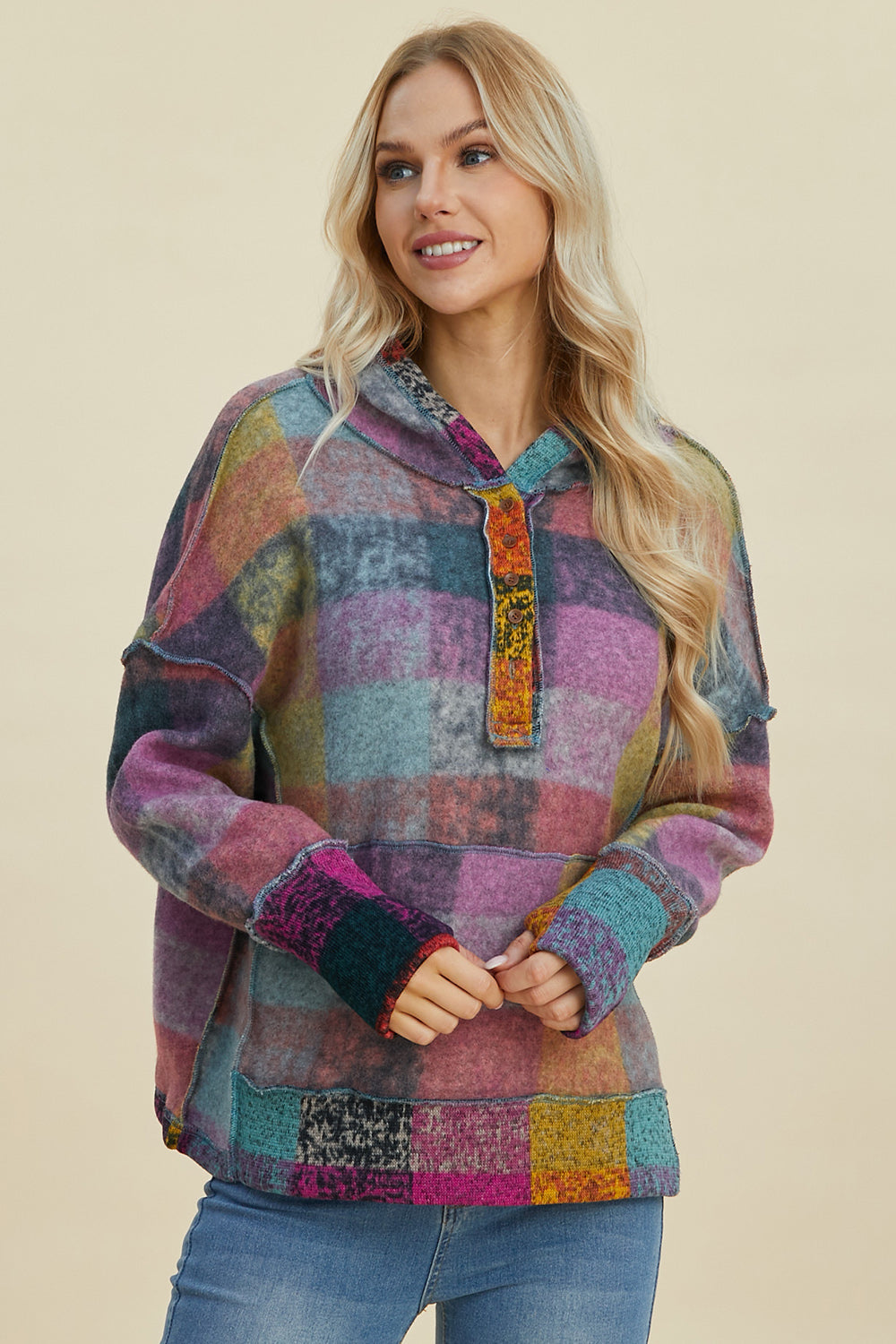 Double Take Plaid Dropped Shoulder Fleece Hoodie women dark gray