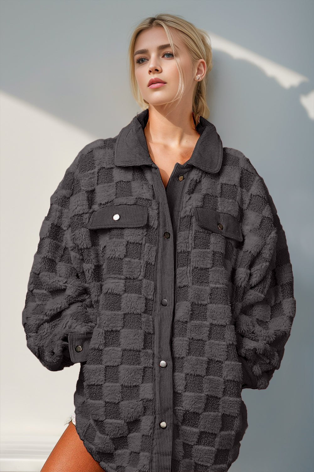 Double Take Button Up Fuzzy Checkered Jacket