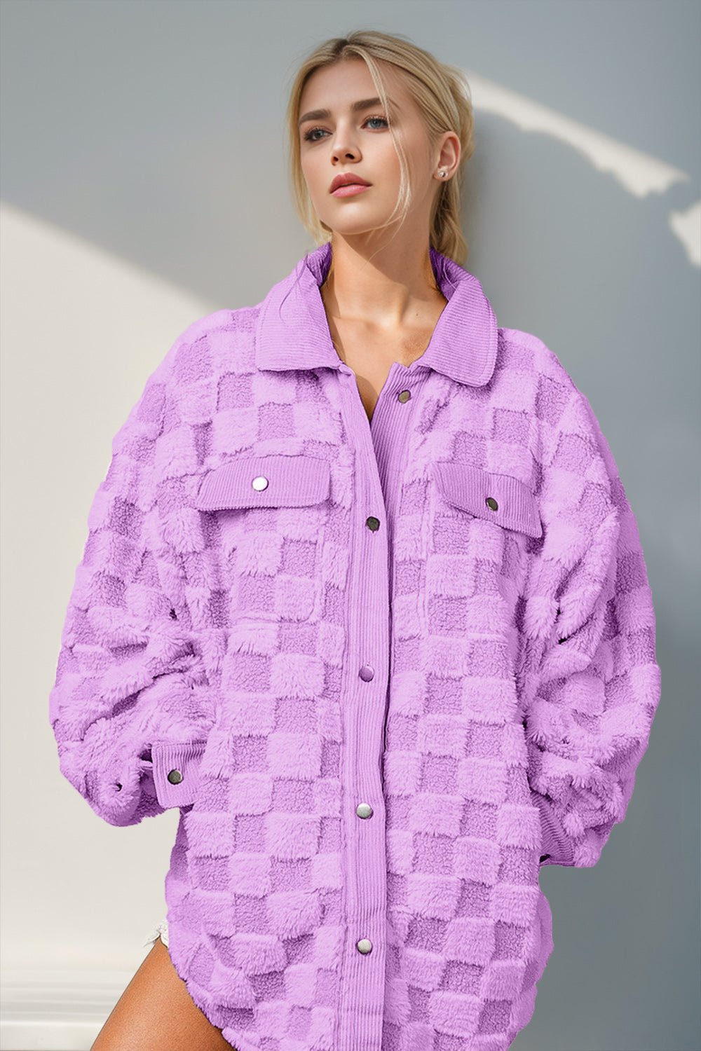 Double Take Button Up Fuzzy Checkered Jacket