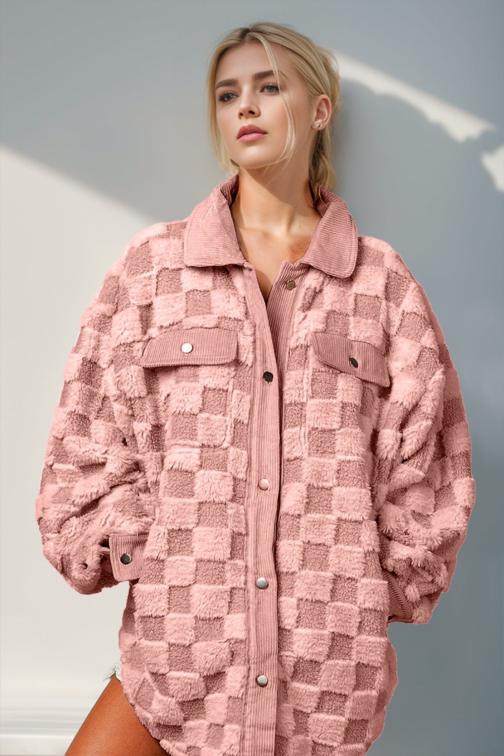 Double Take Button Up Fuzzy Checkered Jacket