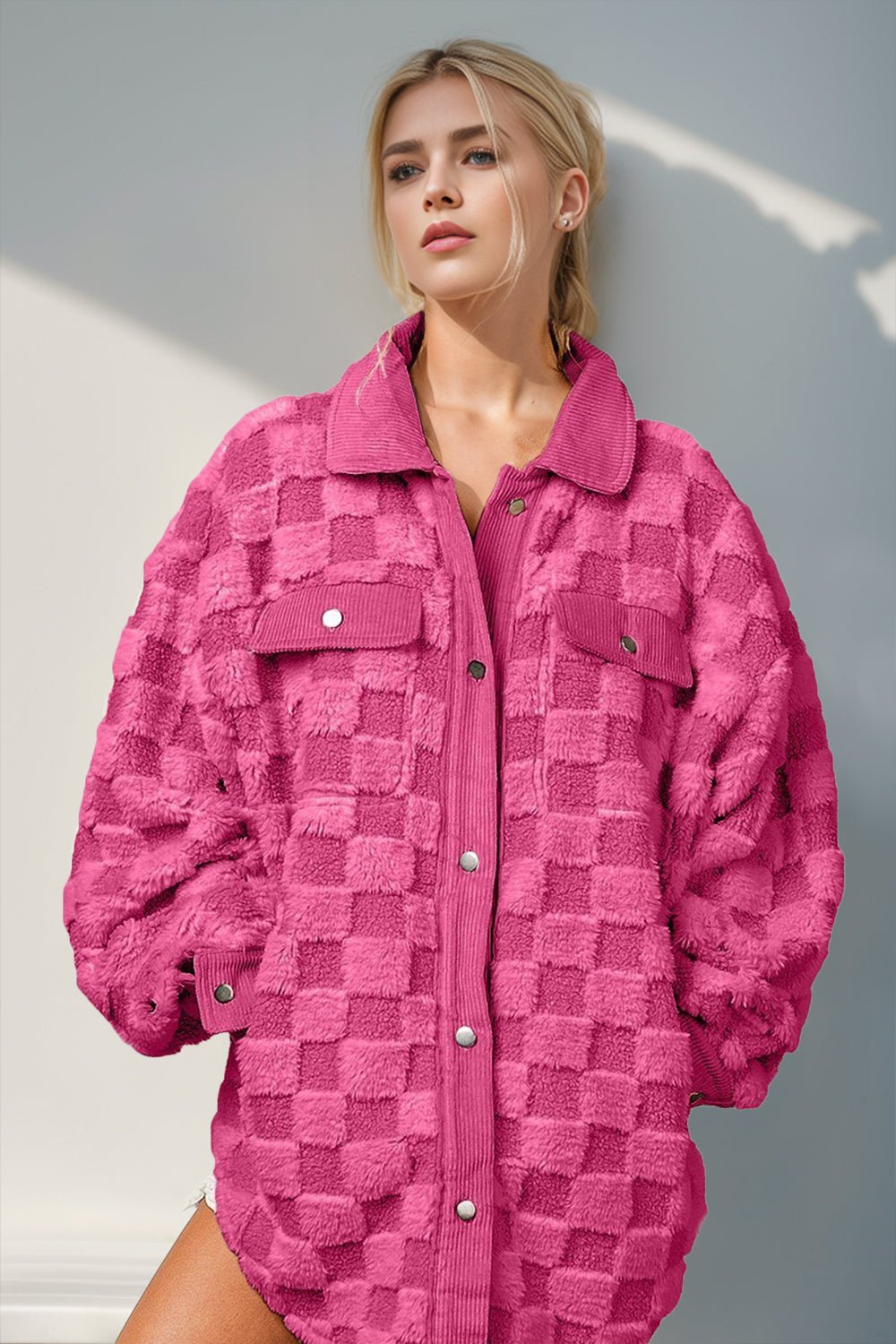 Double Take Button Up Fuzzy Checkered Jacket