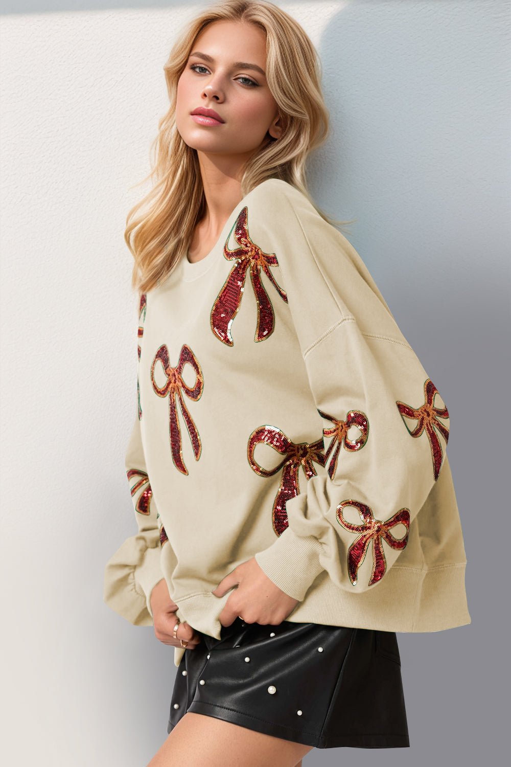 Double Take Christmas Bow Sequin Round Neck Dropped Shoulder cotton blend Sweatshirt