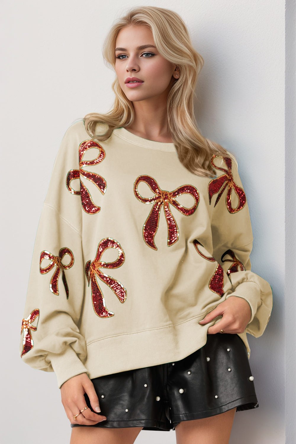 Double Take Christmas Bow Sequin Round Neck Dropped Shoulder cotton blend Sweatshirt