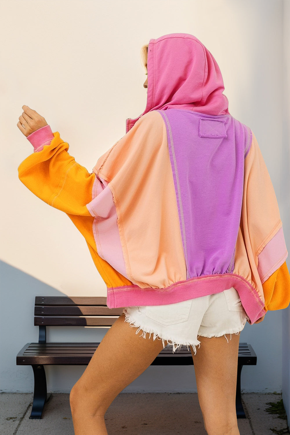 Double Take Color Block Cotton Hoodie Women, back view, oversized, popular item.