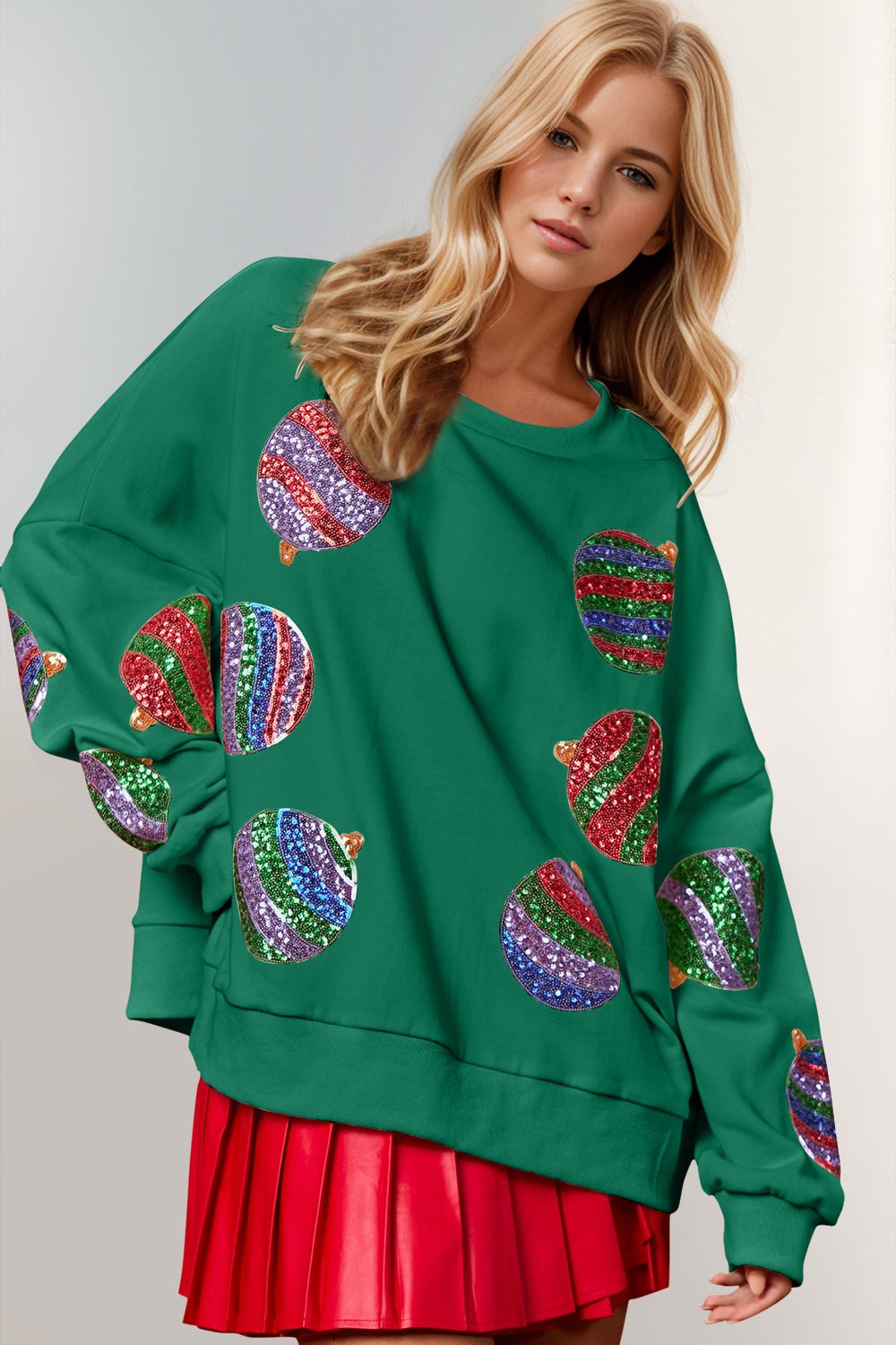 Double Take Cotton Christmas Element Sequin Round Neck Long Sleeve Sweatshirt Features: Sequin