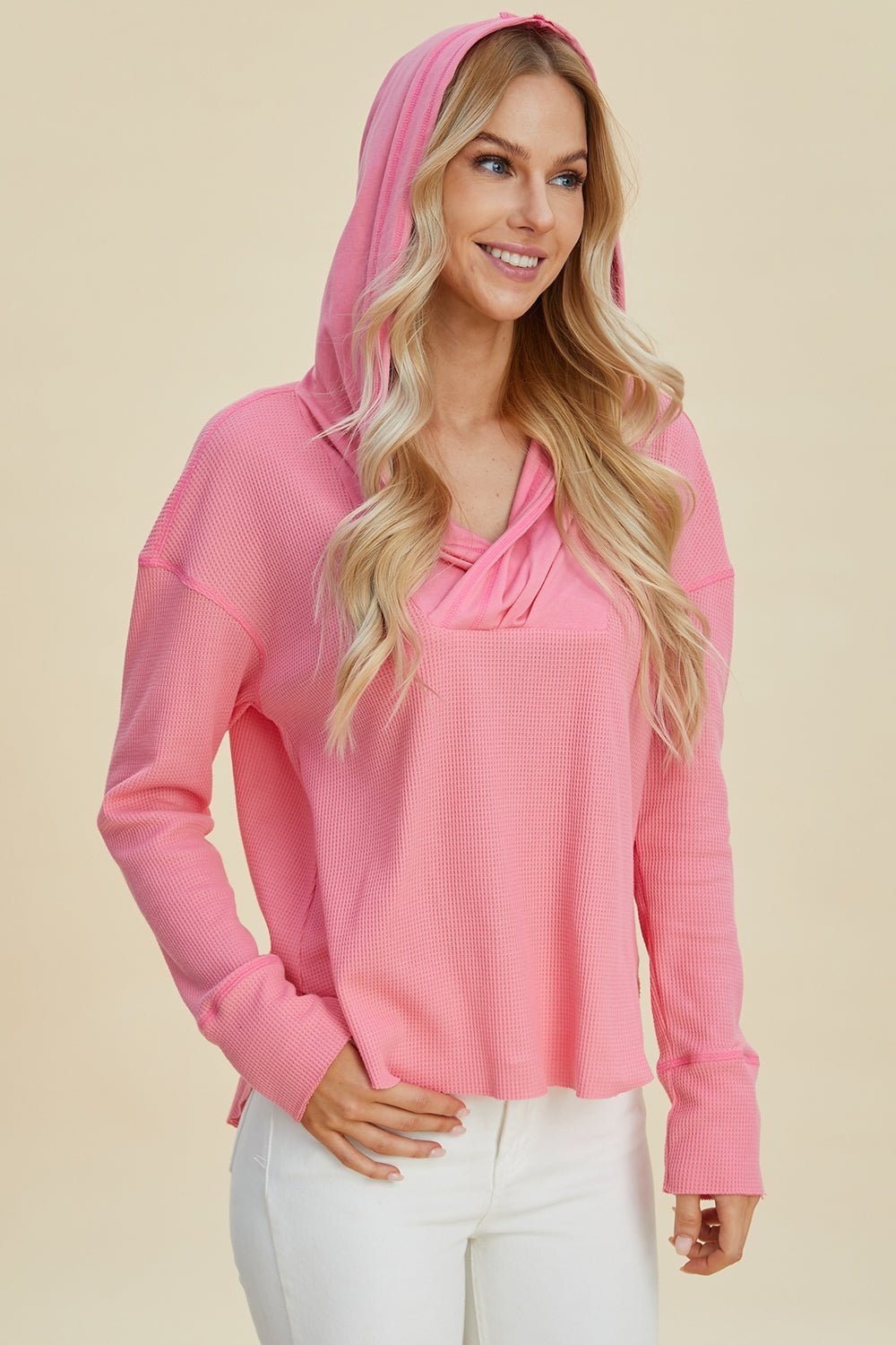 Pink color High-Low Dropped Shoulder Hoodie