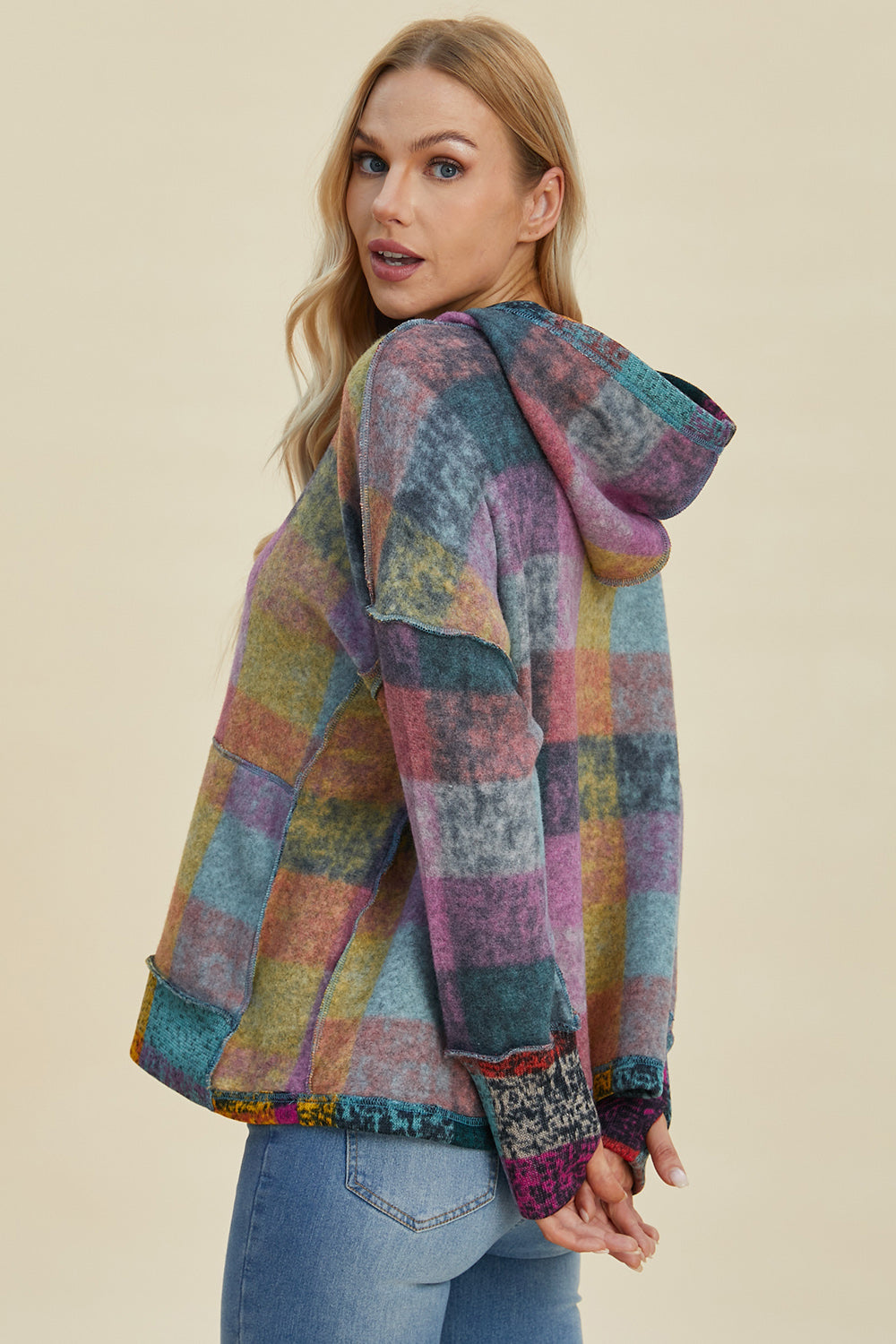 Double Take Plaid Dropped Shoulder Fleece Hoodie - Littles Collection