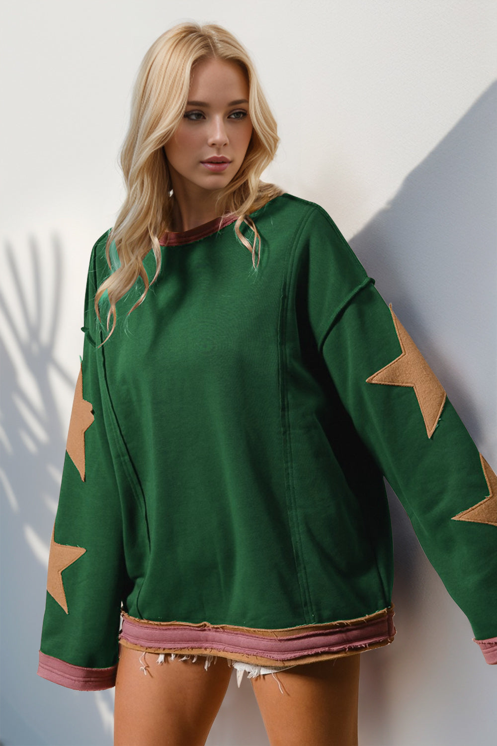 Double Take Star Patched Long Sleeve Sweatshirt - Littles Collection