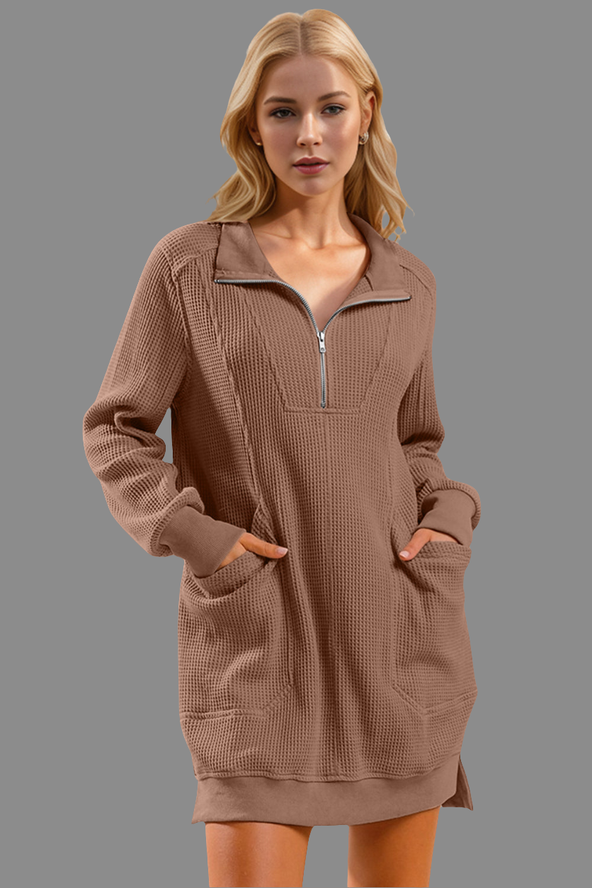 Double Take Waffle Long Sleeve Mini Dress brown color loose fit long sleeve new arrival best selling