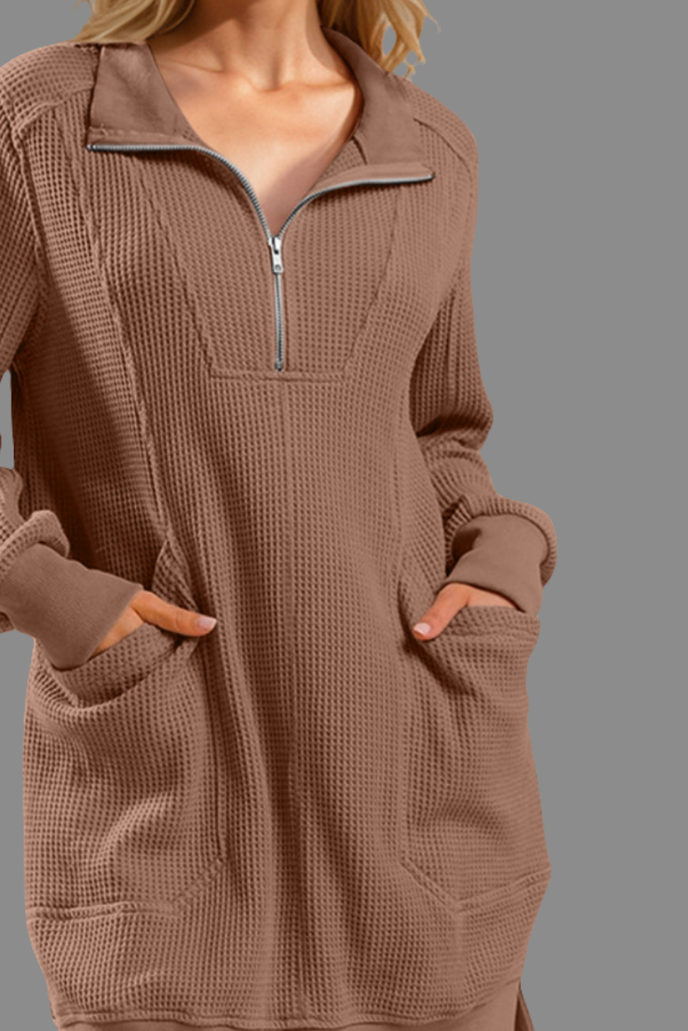 Double Take Waffle Long Sleeve Mini Dress brown color loose fit long sleeve stretchy dress