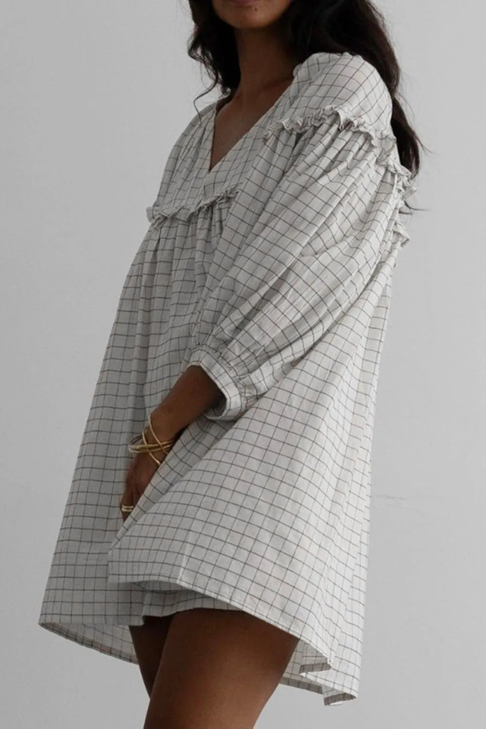 Frill-Plaid-Notched-Balloon-Sleeve-Mini-Dress