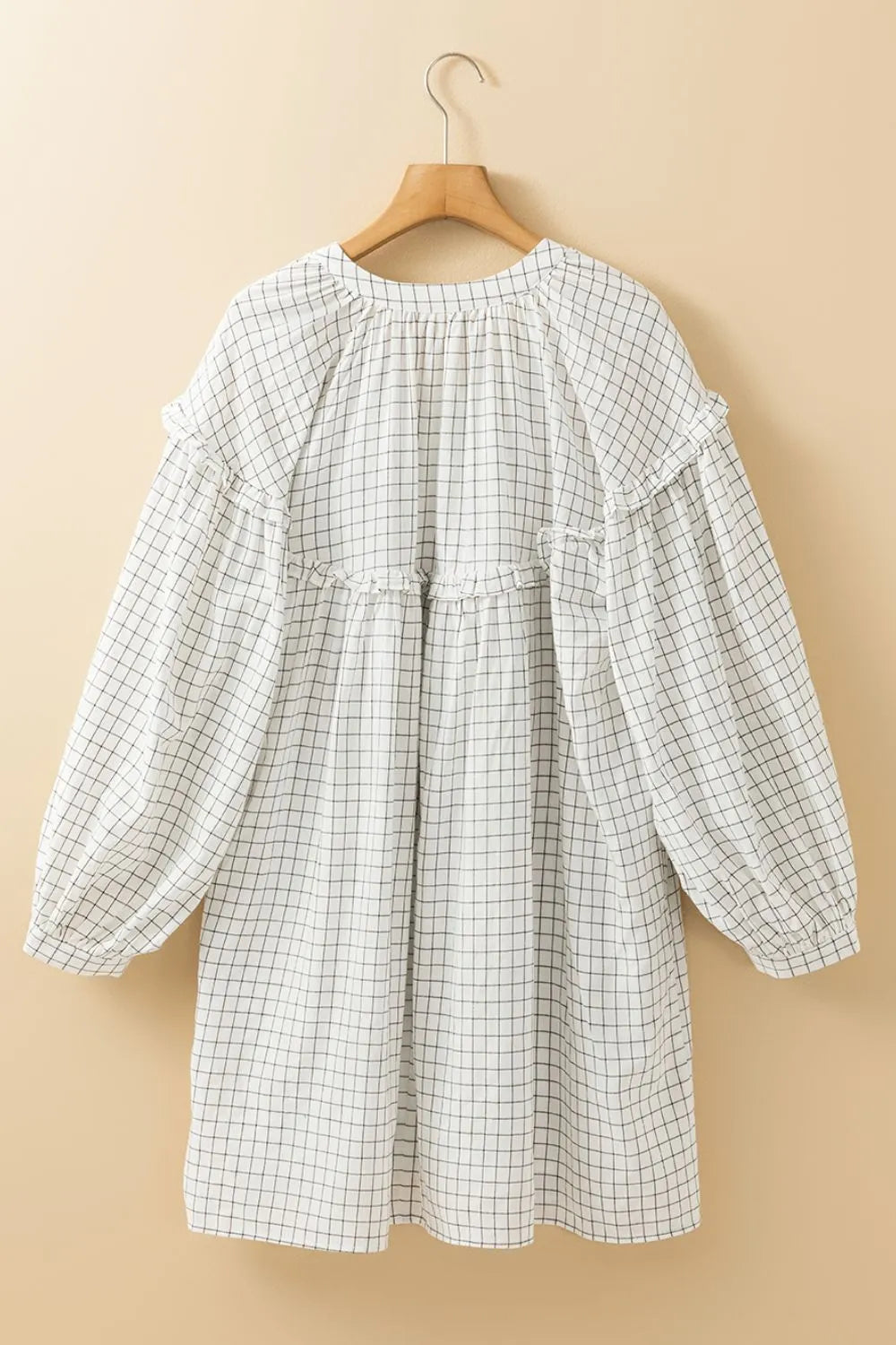 Frill-Plaid-Notched-Balloon-Sleeve-Mini-Dress