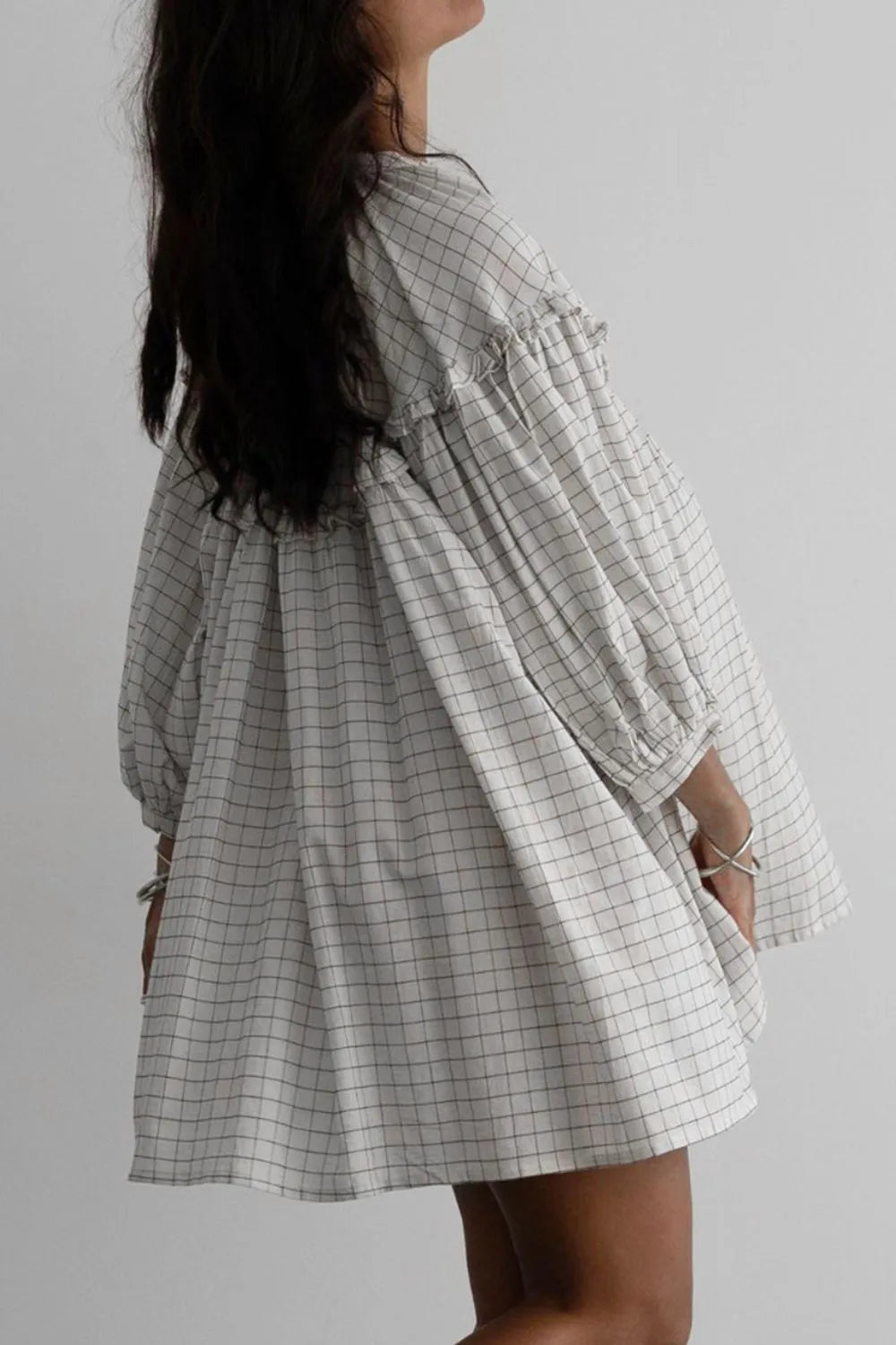 Frill-Plaid-Notched-Balloon-Sleeve-Mini-Dress