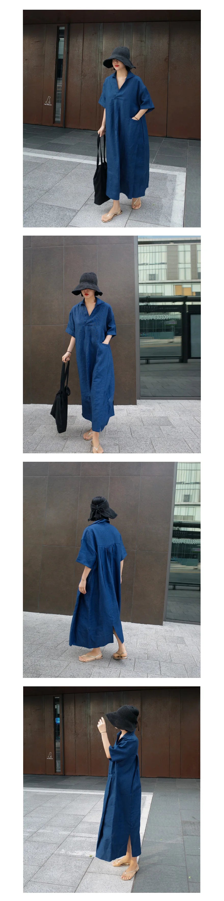 JNT Women Vintage Cotton Linen Dresses Blue - Littles Collection