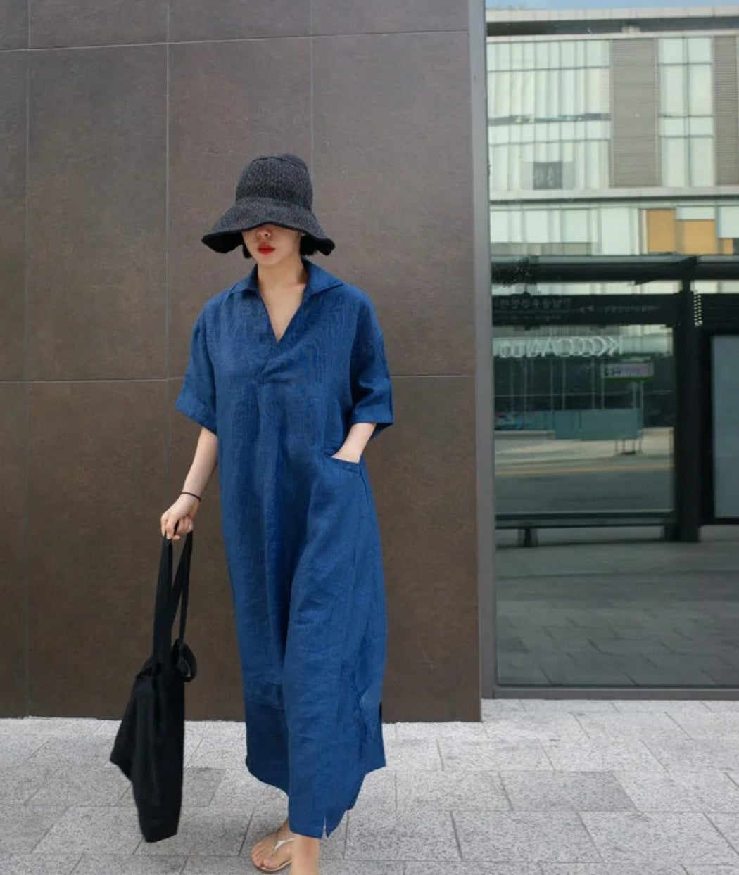 JNT Women Vintage Cotton Linen Dresses Blue - Littles Collection
