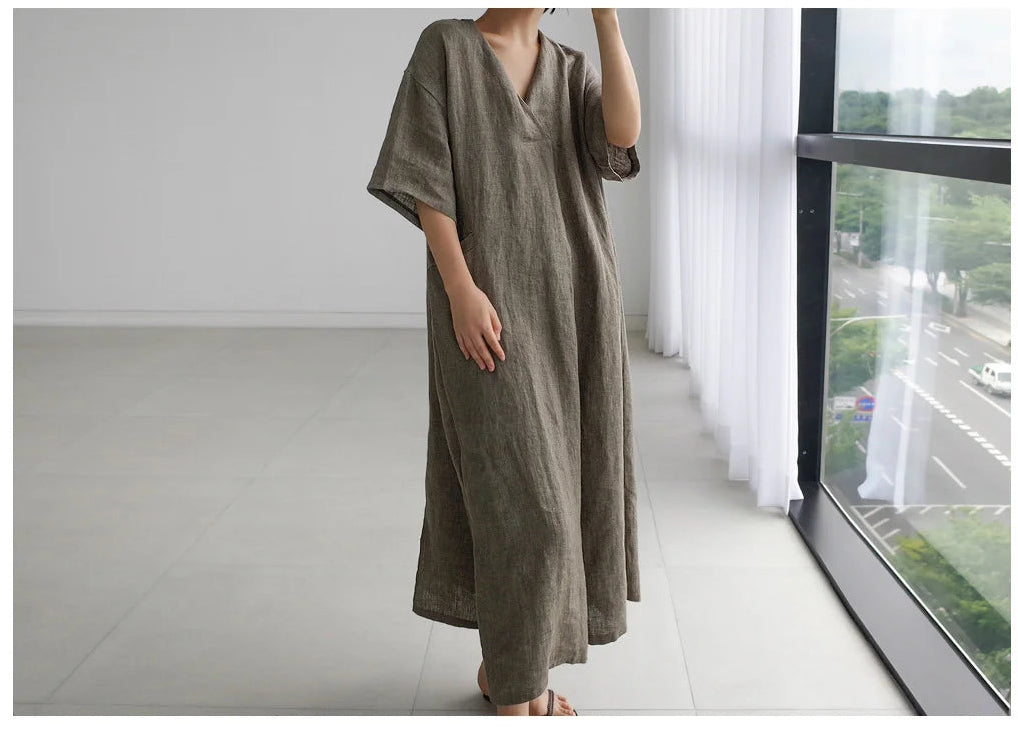 JNT Women Vintage Cotton Linen Dresses Blue - Littles Collection