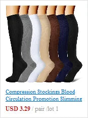 Eight pairs of Littles Collection Compression Socks Varicose Veins Medical Marathon in black, dark blue, brown, beige, white, light gray, and dark gray are shown on mannequin legs with price and product details below.