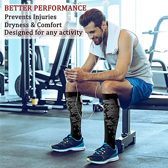 A man in athletic wear sits on a gym bench, listening to music with a towel around his neck, wearing Littles Collection Compression Socks Varicose Veins Medical Marathon. Text reads: Better Performance, Varicose Vein Relief, Dryness & Comfort for any activity.