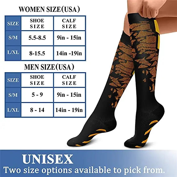 A Littles Collection size chart for Compression Socks Varicose Veins Medical Marathon shows unisex sizes by shoe and calf measurements. On the right, a person wears black socks with yellow-orange patterns; text highlights relief for varicose veins.