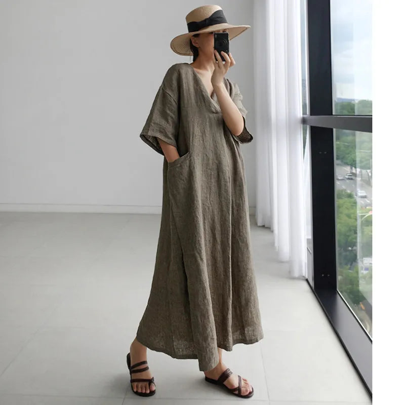 JNT Women Vintage Cotton Linen Dresses Blue - Littles Collection