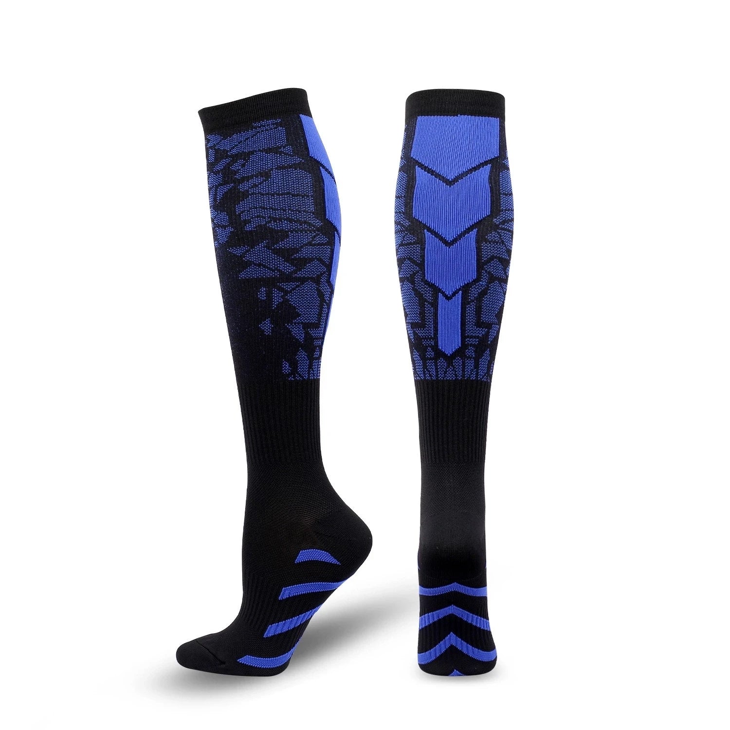 Littles Collection Compression Socks Varicose Veins Medical Marathon in black with bold blue geometric patterns on the front, sides, and sole. Displayed on a white background—one sock from the side, one from the back. Great for athletic performance.