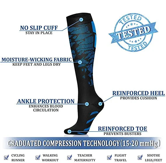 The Littles Collection Compression Socks Varicose Veins Medical Marathon, shown in black and blue, feature a no-slip cuff, moisture-wicking fabric, ankle protection, reinforced heel and toe, and 15-20 mmHg graduated compression for athletic use.