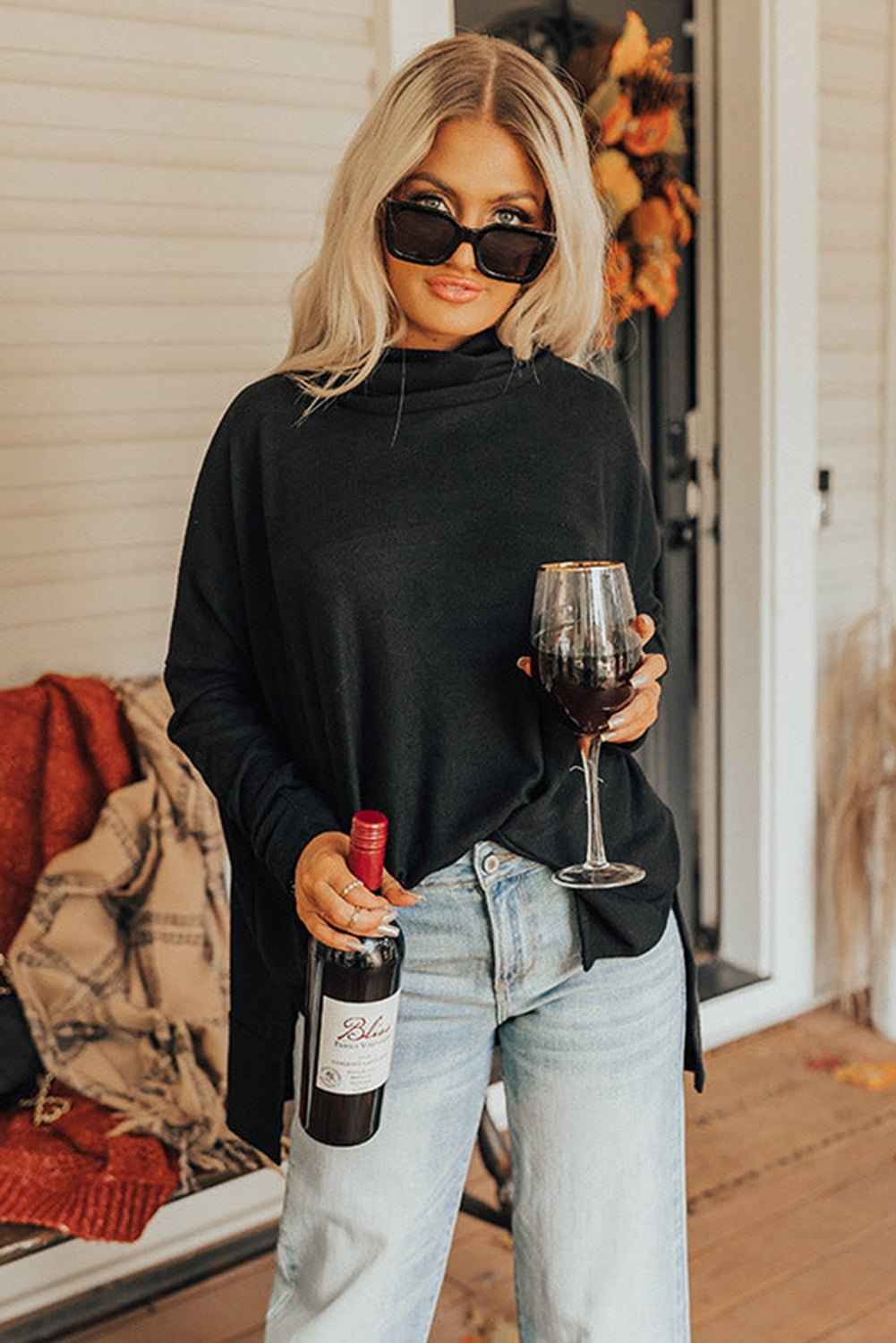 High-Low Cowl Neck Cotton Blend Blouse