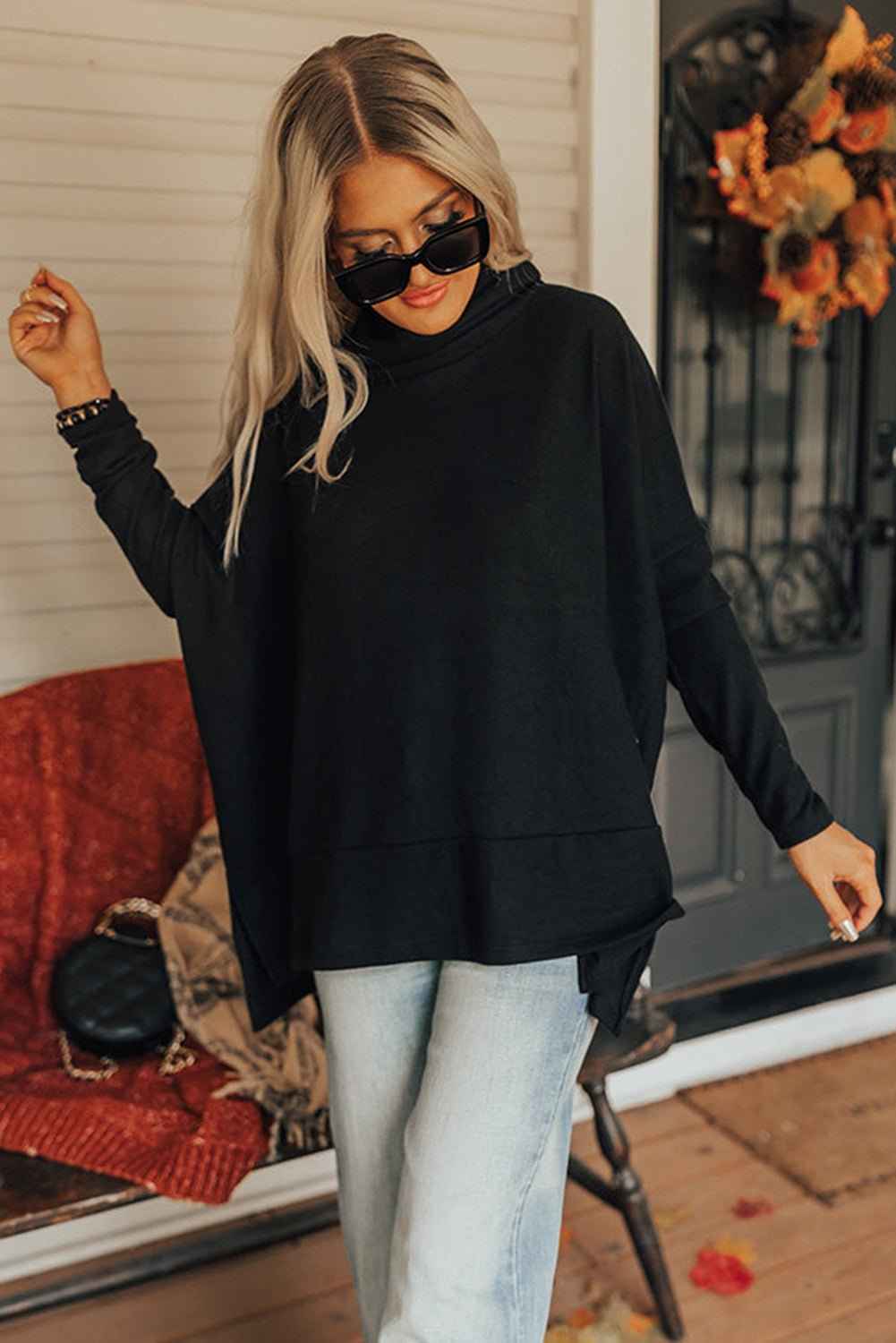 High-Low Cowl Neck Cotton Blend Blouse