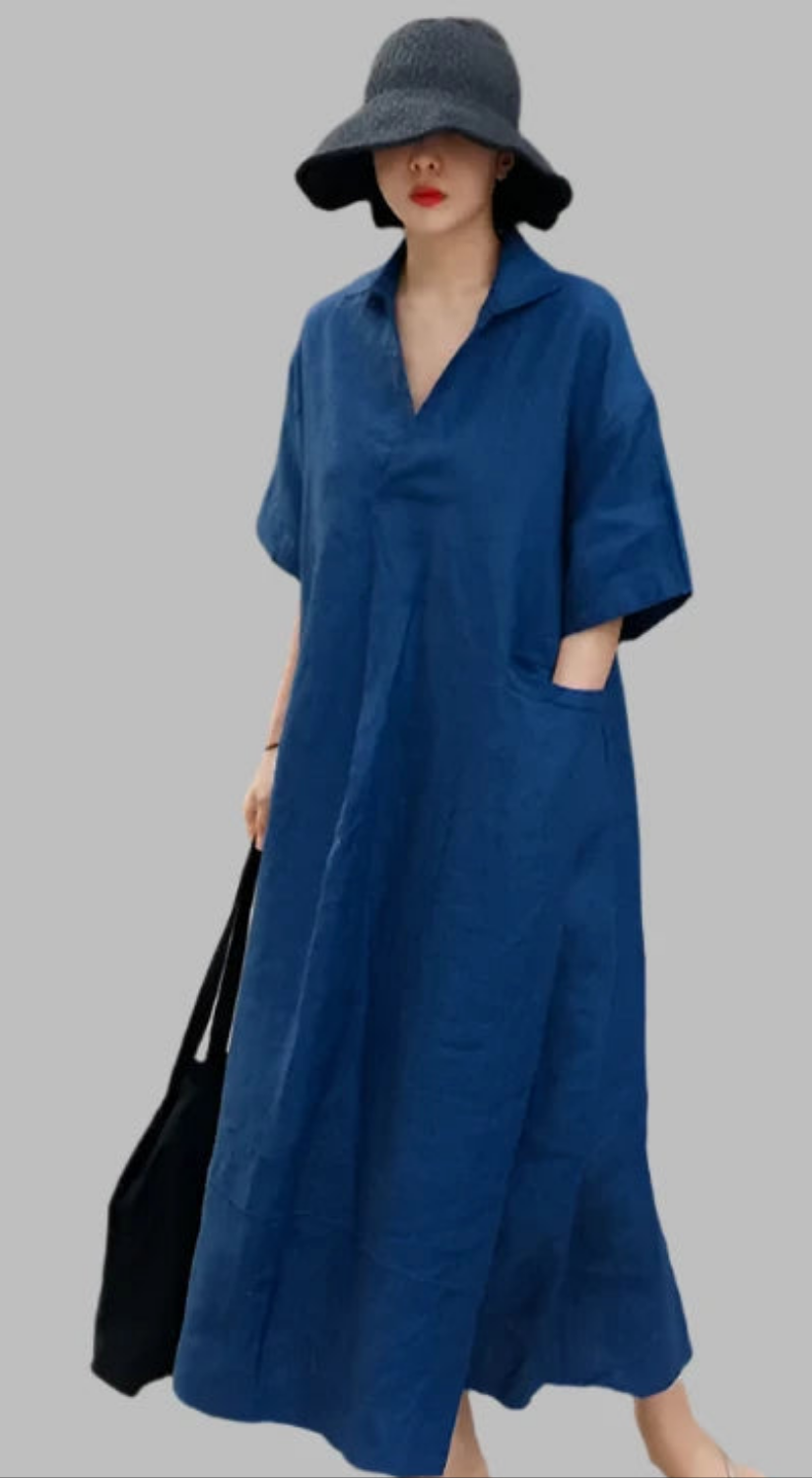 JNT Women Vintage Cotton Linen Dresses Blue - Littles Collection