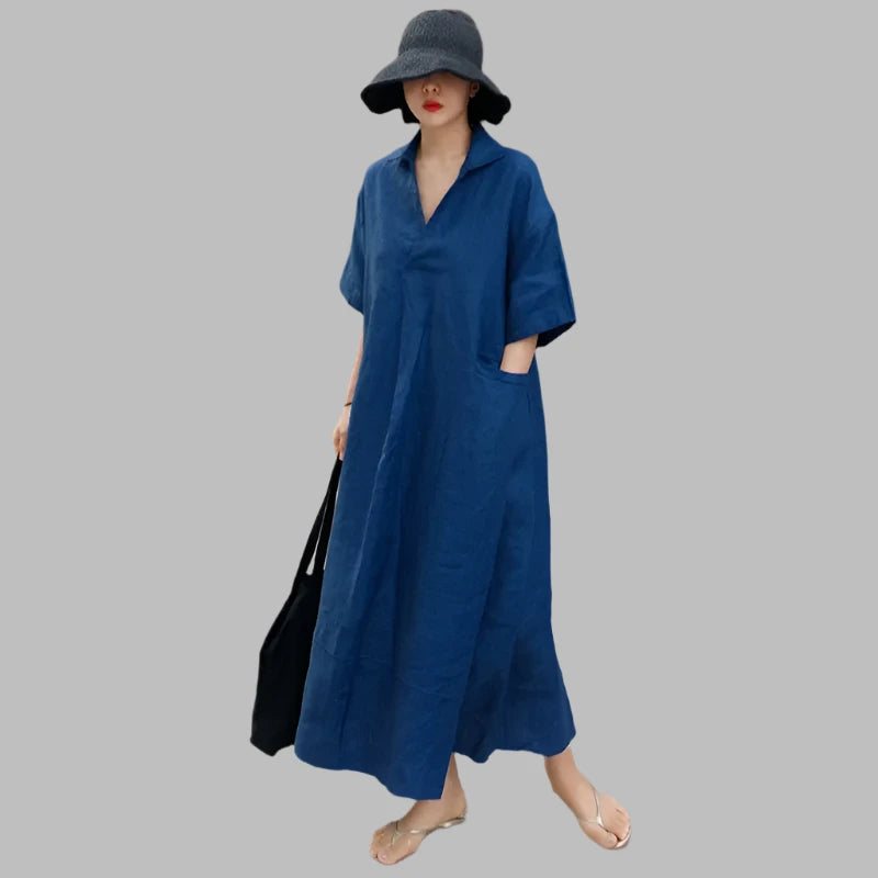 Women Vintage Cotton Linen Long Baggy Dresses Blue