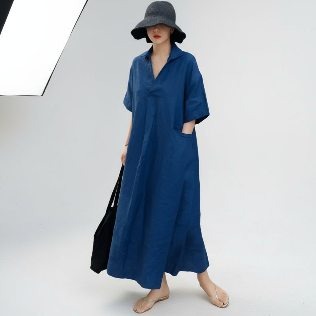 Women Vintage Cotton Linen Long Baggy Dresses Blue