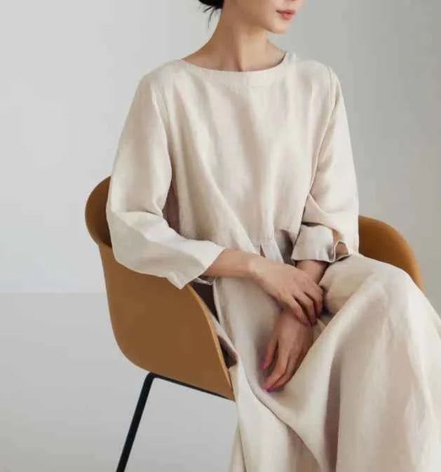 Vintage Gather Waist Cotton Linen Dress