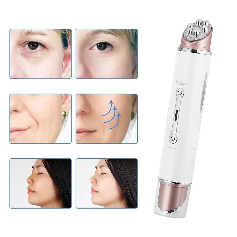 Beauty device with before and after effects on skin shown above it.