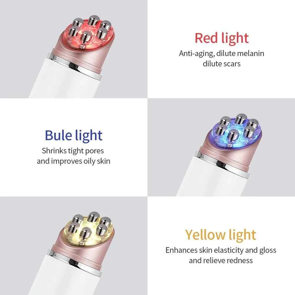 Three light-emitting devices with red, blue, and yellow lights on a gray background.