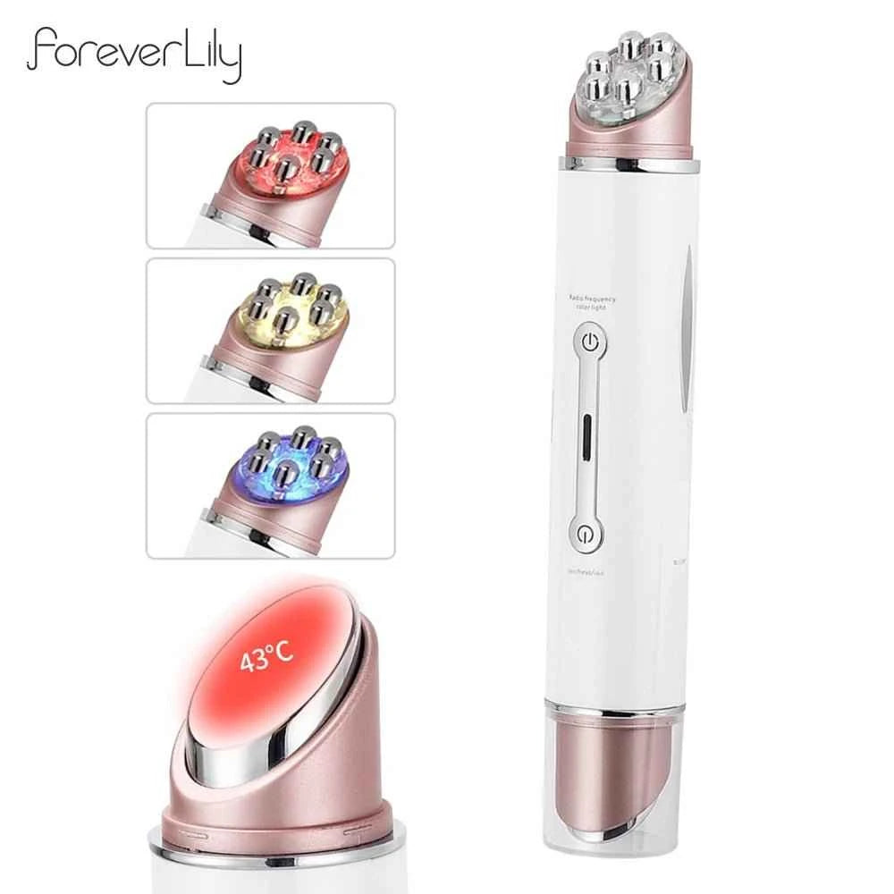 Beauty device with multiple attachments and temperature display on a white background, branded &