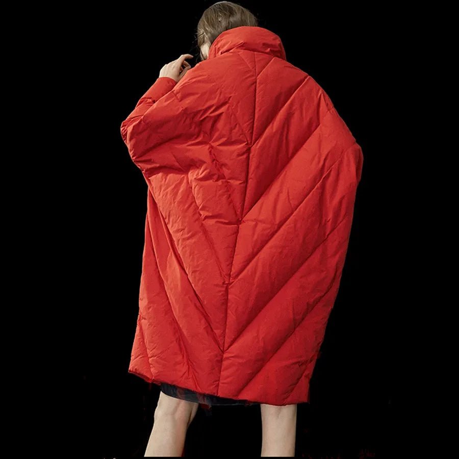 Thicker Duck Down Jacket Cocoon&Bat Type Parkas Big Pocket red baack women_fashion - littlescollection