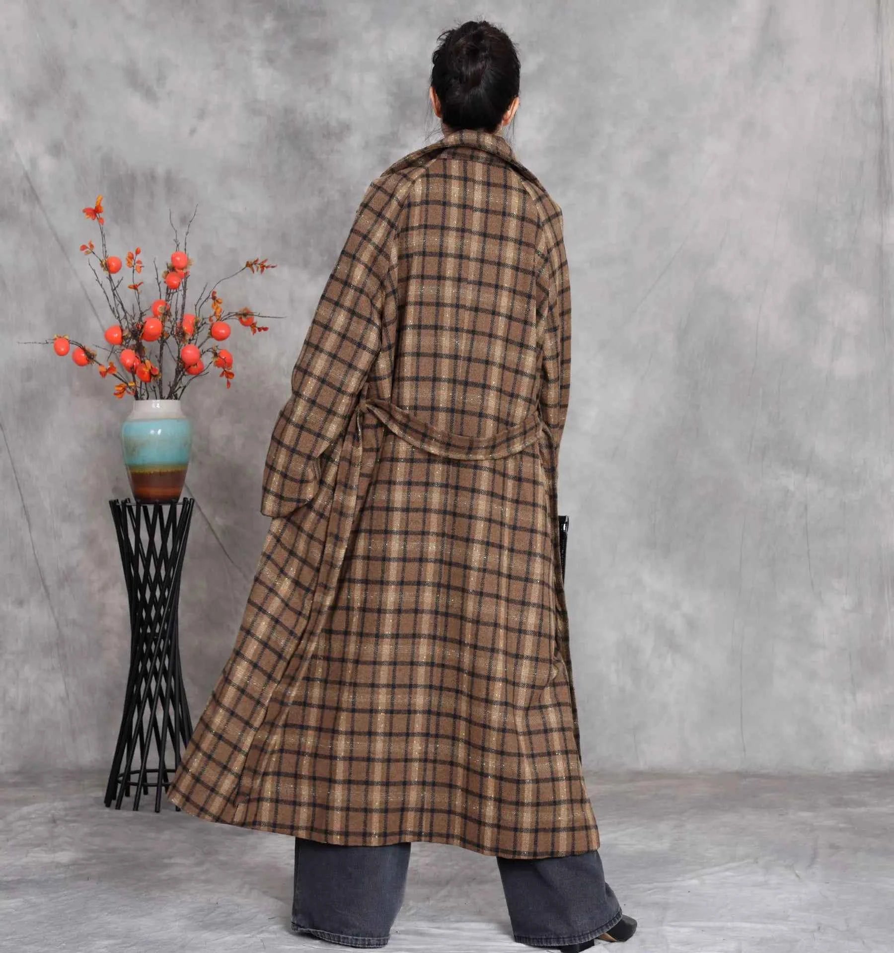 JNT Women Vintage Wool Coats Bandage Plaid