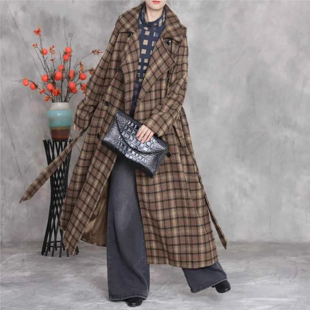 JNT Women Vintage Wool Coats Bandage Plaid