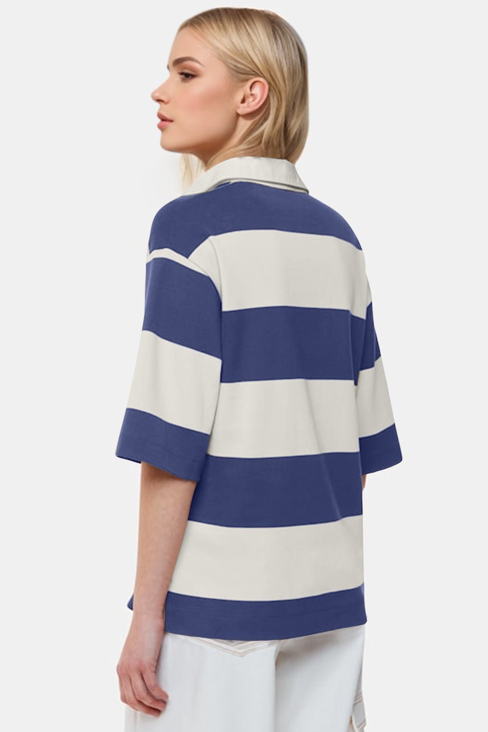 Pima-Cotton-Wash-Color-Block Johnny-Collar-Half-Sleeve-Top