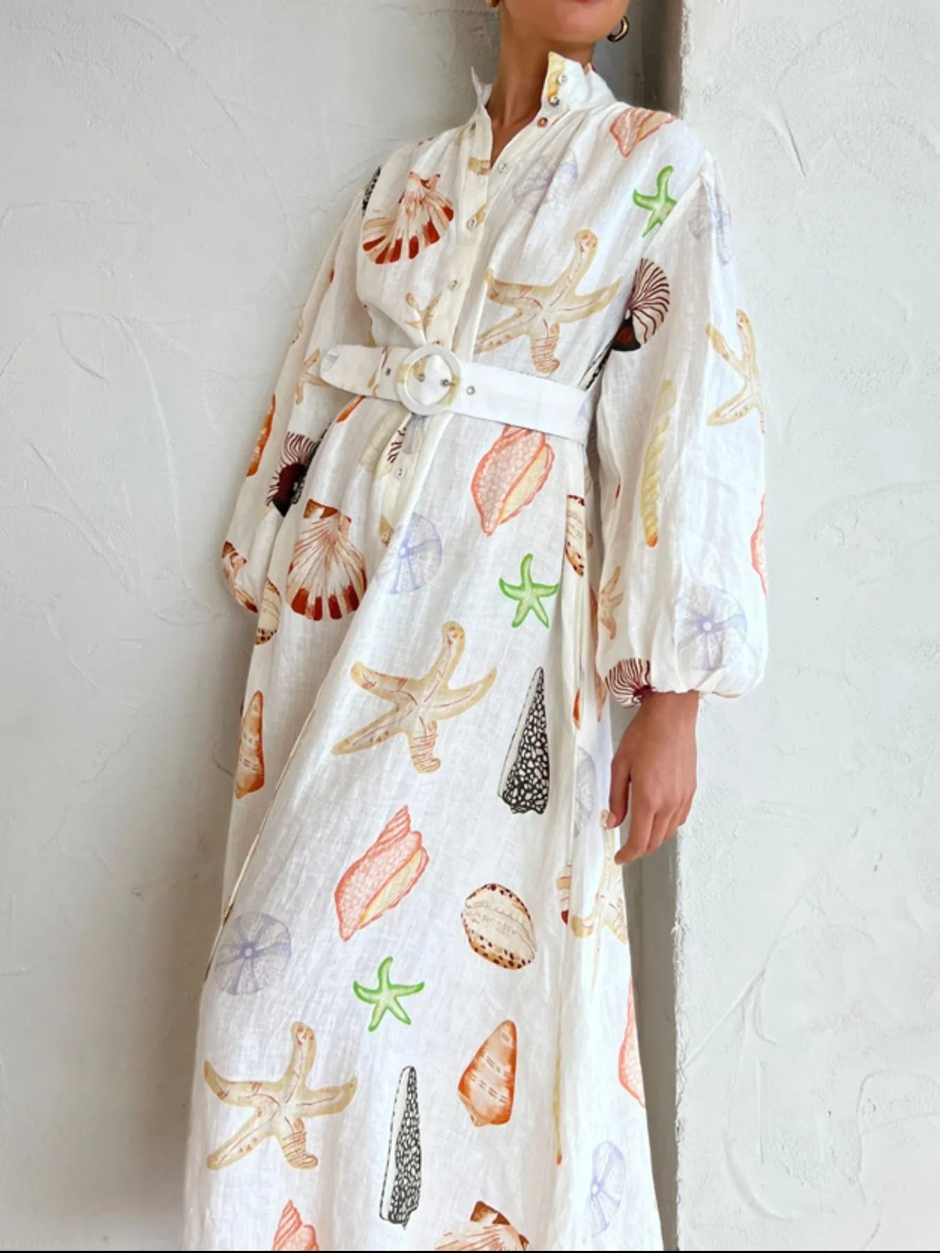 Printed Balloon Sleeve Maxi Shirt Dress-Max-Origin