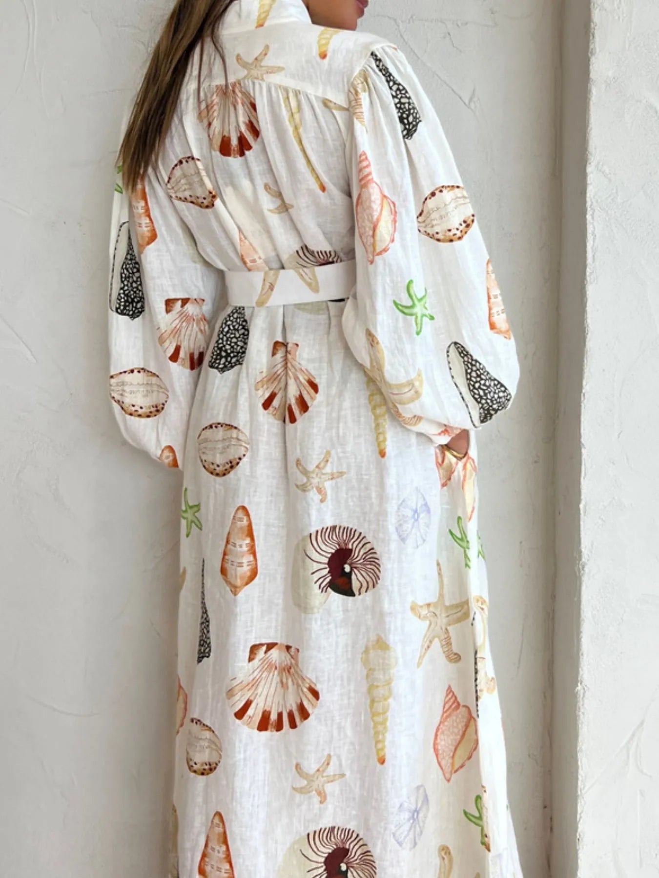 Printed Balloon Sleeve Maxi Shirt Dress-Max-Origin