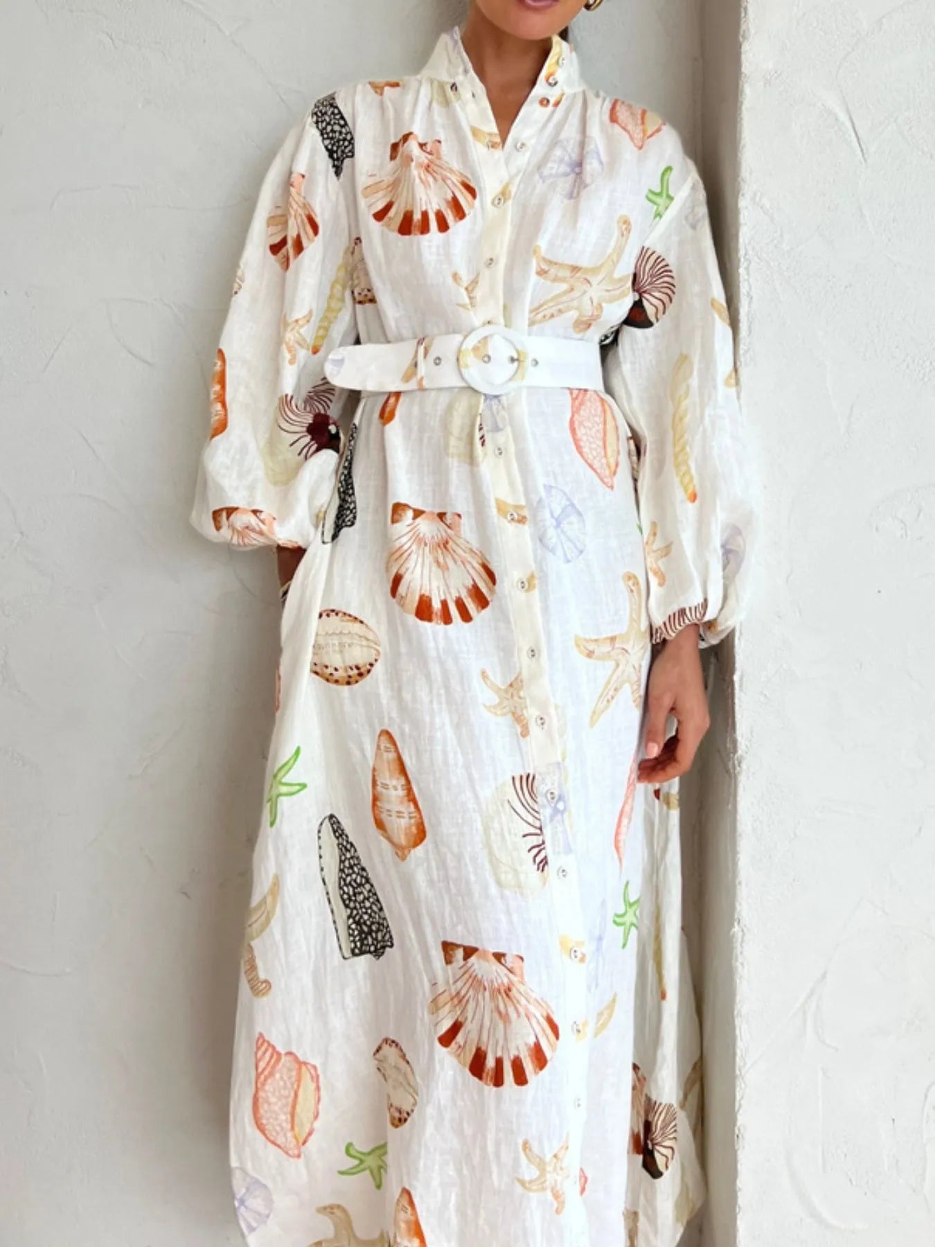 Printed Balloon Sleeve Maxi Shirt Dress-Max-Origin