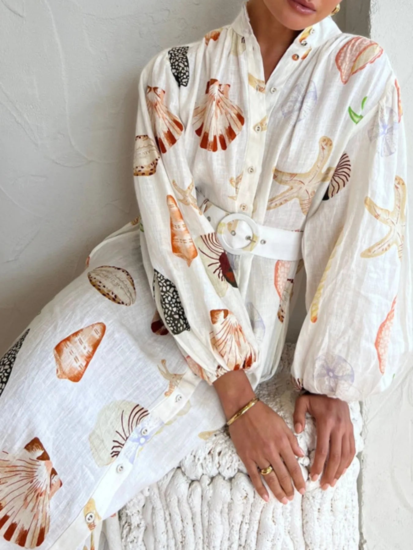 Printed Balloon Sleeve Maxi Shirt Dress-Max-Origin