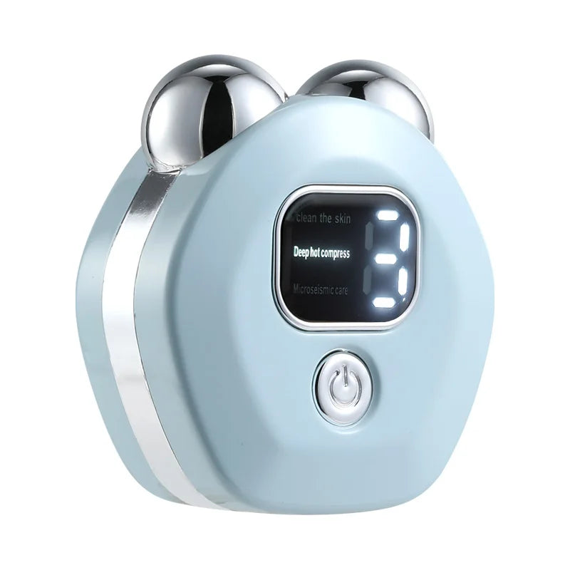 Blue electronic device with digital display on a white background